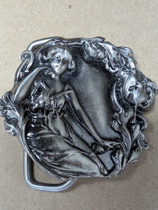 Lewis Accessories - Vintage Silver Art Nouveau Woman & Floral Relief Belt Buckle